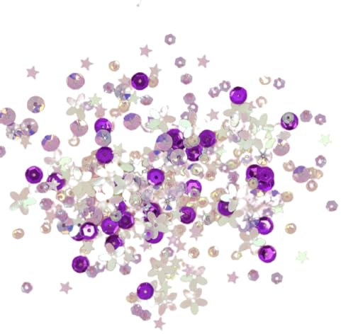 Craftelier - Lentejuelas Campo de Estrellas Púrpura para Manualidades, Scrapbooking y Decoraciones | Formas de Círculos, Estrellas y Flores - Diferentes Tamaños | Colores Morado, Lila e Iridiscente