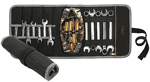 Werkzeugtasche Rolltasche, Werkzeugrolle mit Messing-Reißverschlusstaschen, Heavy Duty 16oz Waxed Canvas Wrench Roll (60cm x 25cm) - Werkzeugtasche Segeltuch für Mechaniker Trucker - schwarz