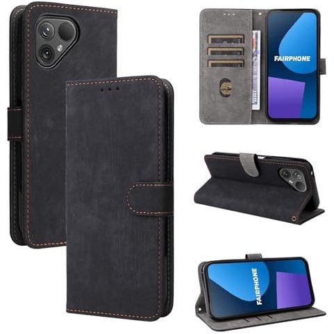 KNOXS Handyhülle für Fairphone 5 Hülle mit RFID Blockierendem Ständer TPU Innenschale mit Stoßfester Klapphülle, PU Wallet Schutzhülle (Schwarz)