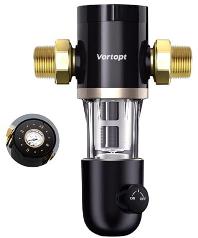 Vortopt Sediment Filter for Well Water - Automatic Backwash System, Spin Down Sediment Filter, Whole House Sediment Water Filter, Upgraded Cleaning Brushes, 40μm Reusable & Flushable Prefilter, Q60