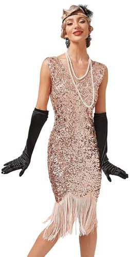 Viloree Vestiti Anni 20 Donna con Paillettes e Frange in Rilievo 1920s Abito Vestito Gatsby Donna Anni 20 Vestito Charleston Rosa (52) M