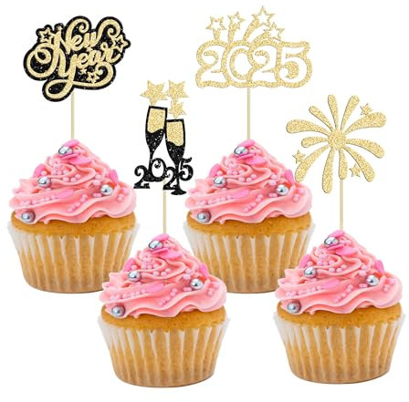 24Pcs 2025 Happy New Year Cupcake Topper Gold Glitter Hello 2025 Cupcake Toppers Cheers to 2025 Champagne Cupcake Topper Firework Cake Picks for New Year Eve Party Decor Supplies