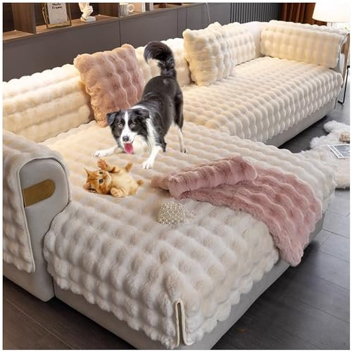 Sofa Überzug Verdicken Couchbezug Ecksofa Bezug Plüsch Sofaschoner rutschfest L Form Süberzug Sofa 1 2 3 4 Sitzer Universelle Weiche Sofahusse Sofabezug Für Hunde Kratzschutz Katze (Weiß,110x240cm)