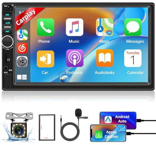 Podofo Double Din Car Stereo with Apple Carplay Android Auto,7 Inch Touchscreen Car Radio with Bluetooth5.1,Voice Control,MirrorLink,FM Radio,GPS,WIFI,USB/TF/AUX Port+MIC+AHD Backup Camera