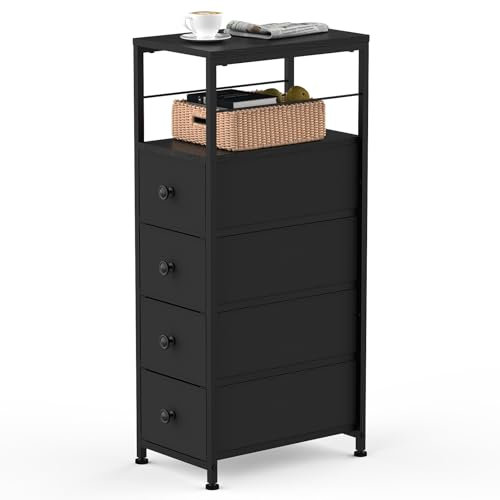 Kommode Schmal Schrank mit 4 Stoffschubladen, Schubladenschrank mit Schubladen, Aufbewahrungs-Turm, Schrank-Organizer-Einheit für Schlafzimmer Wohnzimmer Küche Büro Flur, 87 x 40 x 25,4 cm, Schwarz
