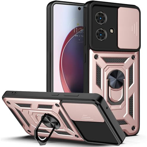 BEEJTUNY Custodia per Motorola Moto G84 5G con Anello a 360°, Cover Protettiva con Obiettivo Cover, Custodia Antiurto Bumper con Magnetico Supporto. Oro Rosa