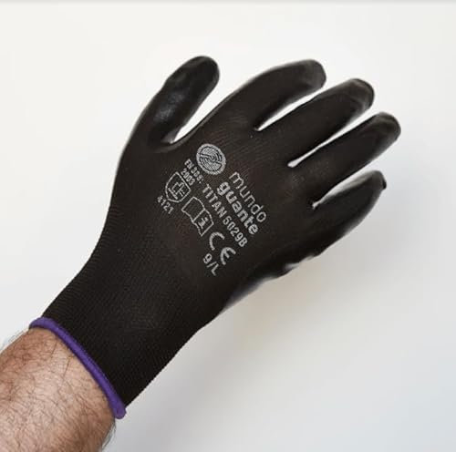 MUNDOGUANTE 6 Uni. Guante de Trabajo en nylon y nitrilo color negro Talla 9-L