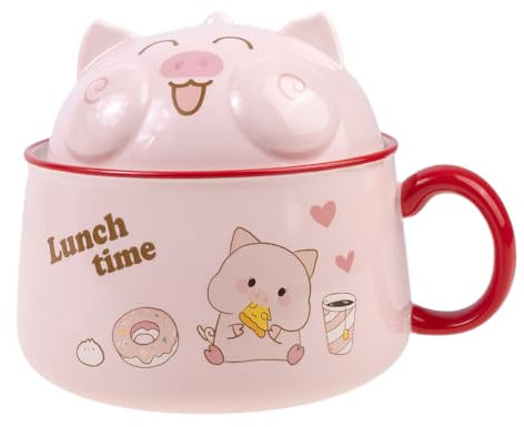 lachineuse - Bol à Ramen Asiatique - Porcelaine - Motif Cochon Rose - 1020 ML - Avec Couvercle & Couverts - Bol Petit-Déjeuner, Soupe, Riz, Nouilles Instantanées - Idée Cadeau Asiatique Japon Chine