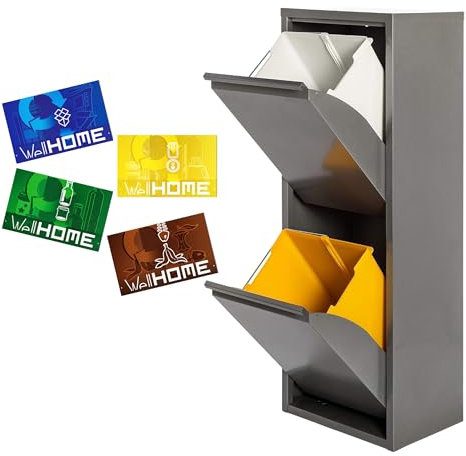 WELL HOME - Cubo de basura y reciclaje Metálico de 2 compartimentos + 4 etiquetas magnéticas, 2x17L (34L) Gris brillo