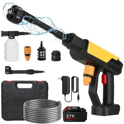 Akku Hochdruckreiniger,21V 70 Bar Mobiler Hochdruckreiniger mit 2 x 15000mAh Akku, 6-in-1-Multifunktionsdüse, 5M Schlauch,Mobiler Hochdruckreiniger für Autos, Terrasse, Fenster, Rasen (15000mAh)