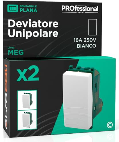 Deviatore Unipolare di Corrente 16A 250V Compatibile con Vimar Plana a Incasso da Muro Frutti Elettrici Colore Bianco - Confezione da 2