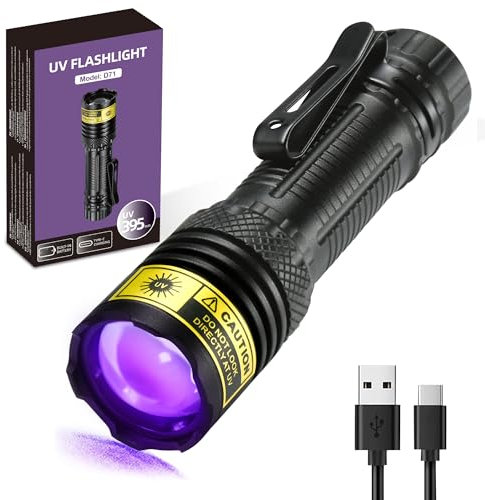 DARKDAWN UV Taschenlampe 395nm Schwarzlicht, Mini-leistungsstarke USB-C Taschenlampen LED wiederaufladbare Holz Lampe, tragbare einstellbare Fokus Schwarzlicht Taschenlampen für Haustier Urin Flecken