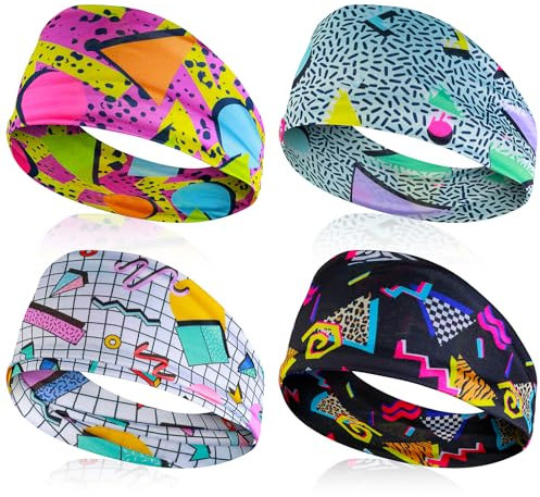 4 Stück Haarband mit Retro Print,Mabor 80er Stirnband Haarbänder Unisex Stirnband Damen Neonfarben Headband Elastisches Hair Band Fitness Zubehör Sport Breites Haarband Party Haar Accessoires