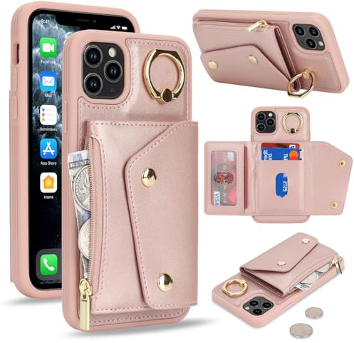 Lipvina für iPhone 11 Pro Max Hülle mit Kartenhalter Handyhülle mit Schlüsselanhänger Hülle geldbörse Leder Reißverschluss für Herren und Damen - Roségold