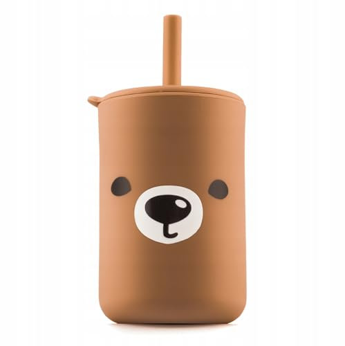 kidnort Gobelet en silicone avec paille et couvercle, pour enfants, 200 ml, motif ours (marron)