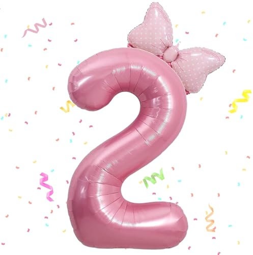Zahlen Luftballon 2. Geburtstag, 40 Zoll Schleife Folienballon Zahl 2, Zahlenballon 2 Helium Ballon Rosa,Luftballon 2 Geburtstag Deko für 2 Jahre Mädchen Geburtstagsdeko,Babyparty,Jubiläum Party Deko