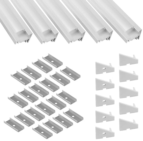 5x A20 LED Aluprofil Set weiß inkl. Abdeckung Halter Endkappen 2m milky | Komplettset für geschützte LED-Streifen mit Profil , Abdeckung milky, weiß, für LED-Streifen