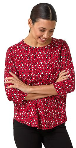 Roman Originals Stretchy Top for Women UK - Ladies Jersey Blouse Casual Tunic Work Smart 3/4 Length Sleeve Round Neck Boat Neckline Flattering Knit Knitwear Jumper - Red Noir - Size 20