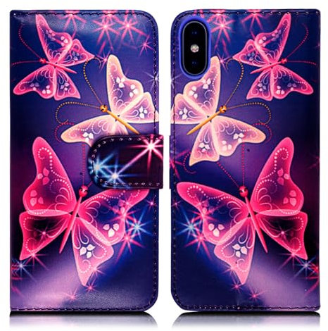 Leather Case Compatible with iPhone X/XS – Premium Leather Wallet Flip Cover with Kickstand and Card Slots For iPhone X (Ultra Butterfly On Blue)