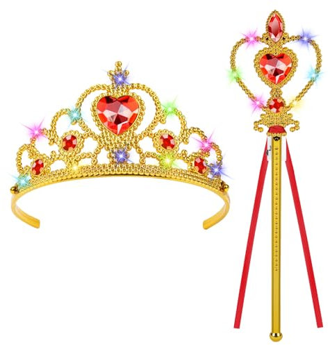 AOOTE Leuchtend Prinzessin Tiara Krone und Zauberstab, Princess Dress Up Zubehör mit LED Krone und Zauberstab, Prinzessin Krones und Zepter Set für Geburtstag Party, Cosplay,Fasching Party (Gelb)