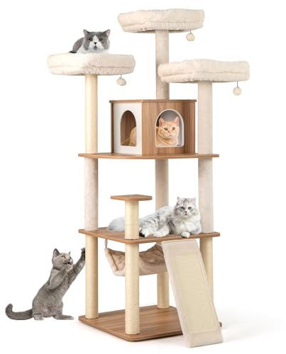 COSTWAY Arbre a Chat XXL 168 cm, Arbre a Chats Bois, 5 Plateformes, 4 Griffoir pour Chat en Sisal, Planche à Griffer, Condo, Hamac, Tour pour Chaton, Coussins Lavables, Pompons, 58 x 58 x 168 cm