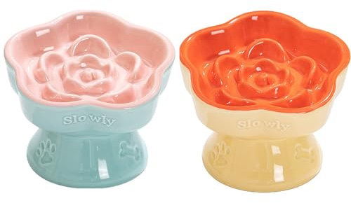 2pcs CERAMICS Raised Slow Feeder Cat Bowl, Ceramic Elevated and Titled Glass Food Bowl Small Dogs Slow Feeder, Flower Shaped Cute Cat Dish for Dry and Wet Food (Pink&Orange)