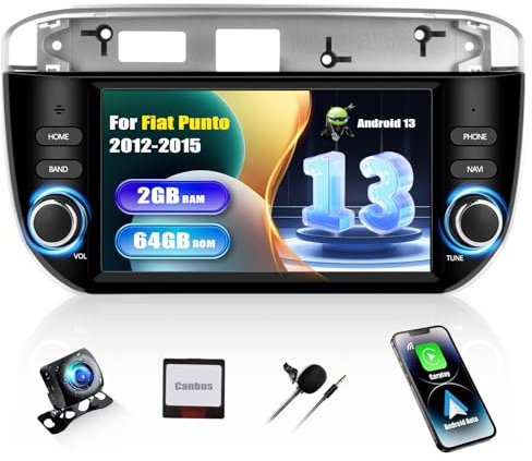 SIXWIN 2GB+64GB Autoradio Android 13 con CarPlay/Android Auto/Mirror Link per Fiat Punto 2012-2015, HD 7 Pollici TouchScreen Schermo Navigatore WiFi Bluetooth FM RDS SWC+Telecamera