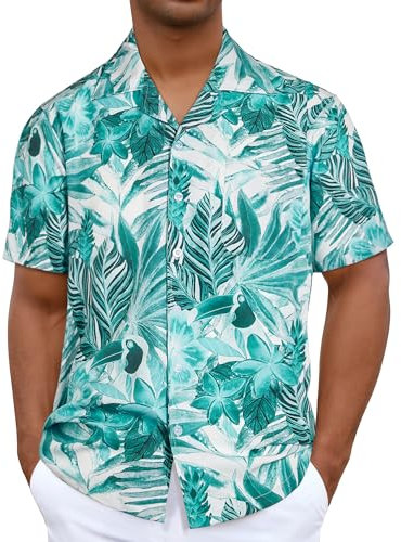iCKER Hawaiian Shirt Beach Mens Short Sleeve Floral Classic Shirt Print Casual Regular Fit,Green TF235,L