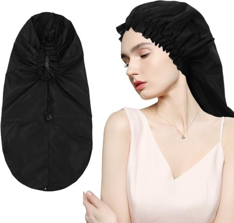 Bonnet for Locs Large Shower Bonnets Cap for Braids Waterproof Long Bonnet Shower Cap for Women Long Hair Bonnets Adjustable Dreadlocks Drawstring Bath Caps for Men (Black)