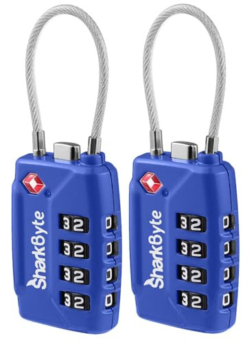 SharkByte TSA Approved Luggage Locks | Wire, 4-Digit Combo (10K Combinations) | Secure Suitcase & Gym Bags (2 Pack) Blue