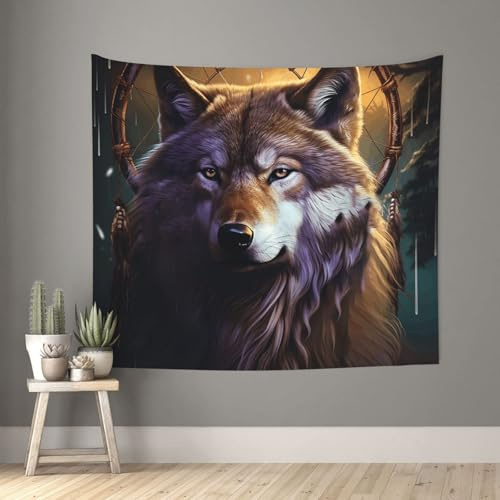 Wandteppich, Wölfe und Traumfänger, Wandbehang, Banner, Boho-Wandteppich für Schlafzimmer, Vintage-Wandteppich, ästhetische Wanddekoration, Kunstposter, Tagesdecke, lustiger Hintergrund für Wohnzimmer