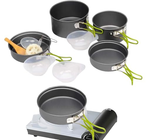 Huxibai Camping Kitchen Set - Hiking & Picnic Utensils | Stackable Portable Cooking Pots & Pans With Handle For Motorhome Outdoor Travel Hiking Picnic