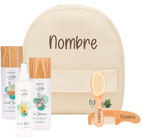 Mababyshop Canastilla Bebé Recién Nacido Naay Personalizada (Natural) | Mi Primera Canastilla con mochila Naay personalizada, set eco dermocosmética premium y cepillo y peine de madera grabados