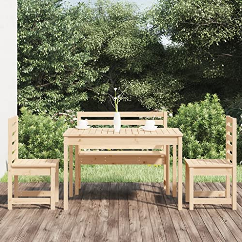 Bucmath 4-TLG. Garten-Essgruppe Massivholz Kiefer, rustikales Design, 1 Tisch, 1 Bank, 2 Stühle, für Terrasse, Balkon, Garten, 121x82,5x76 cm