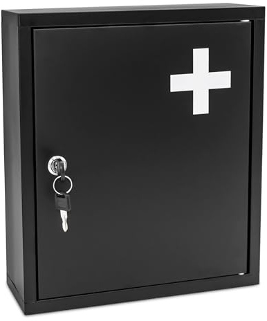 Spetebo Metall Medizinschrank schwarz abschließbar 2 Fächer - 36 x 31 cm | Wand Arzneischrank, Inklusive 2 Schlüssel, Apothekerschrank, Erste Hilfe Hausapotheke