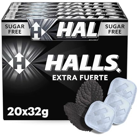 Caramelos Halls extra Fuerte, Caramelo con sabor a Menta, Caramelo sin azucar, el Halls de toda la vida, sabor intenso y delicioso, Sin gluten, Contiene 1 caja con 20 paquetes de caramelos de 32 g