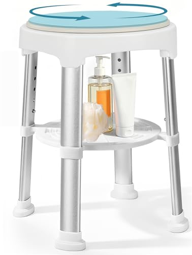 LASUK 360° Swivel Shower Chair Non-Slip Bathroom Seat with Storage Tray | Adjustable Height, Support Up to 300lb, Lightweight, Aluminum, for Elderly, Disabled, Seniors, Pregnant with Limited Mobility