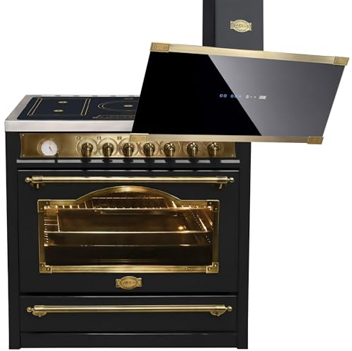 Kaiser Standherd Set 90cm HC 93655 IEm + AT 9445 AD ECO • Elektro Standherd Induktion 5 Zonen FREE ZONE • XXL Backofen 115L Drehspieß • Retro Empire Schwarz Antique Gold • Dunstabzugshaube 90 cm 1250