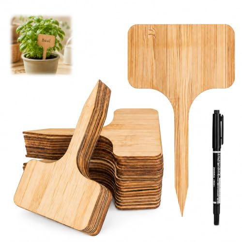 30 PCS Bamboo Plant Labels Wooden Plant Markers with a Pen Reusable Potting | Shed Accessories for Garden Potted Seed Vegetables Herb and Flower Outdoor 5.2x10cm T-Type Tag Eco-Friendly Labels Stick