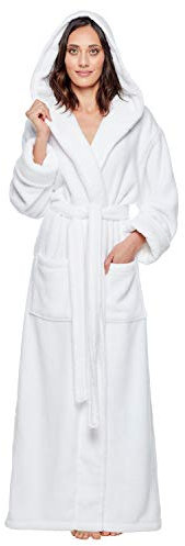 Arus Langer Damen-Bademantel aus türkischer Baumwolle mit weicher Kapuze, Weiss/opulenter Garten, X-Large