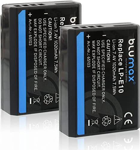 2X Blumax Akku kompatibel mit Canon LP-E10 |- 1020mAh -| für Canon EOS 1100D 1200D 1500D 2000D 3000D 4000D / Rebel T3 T5 T6 T7 T100 / Kiss X2 X50 X90