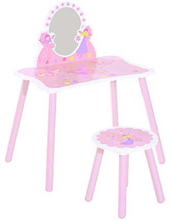 HOMCOM Toeletta per Bambini con Sgabello in Legno, Tavolo Trucco con Specchio Moderno e Cassetto, 59L x 39P x 77A cm, Rosa