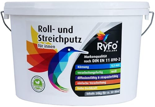 RyFo Colors Roll- und Streichputz für innen 20kg (Größe wählbar) - Rollputz für den Innen-Bereich, strahlend weiß mit edler feinkörniger Struktur, einfachste Verarbeitung