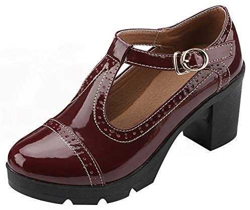 ANUFER Donna 7,5cm Tacco Blocco Mary Janes Brogue Décolleté | Cinturino a T Regolabile, Pelle PU, Uniforme Ufficio Scarpe Eleganti