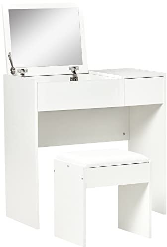 HOMCOM Tavolo da Trucco con Specchio Richiudibile, Tavolo da Trucco Moderno, con Sgabello, Vano Contenitore (4 Scomparti), MDF Bianco, 80x40x79 cm