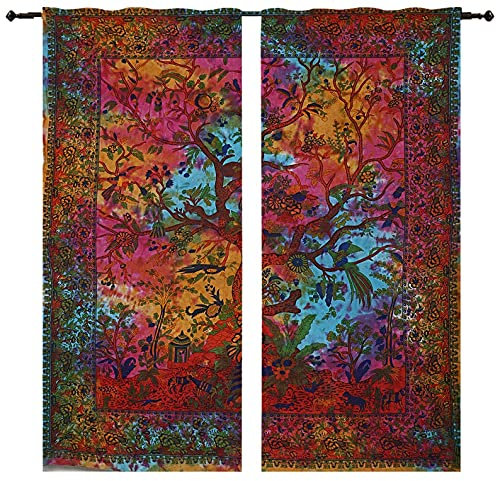 GDONLINE Baum des Lebens Mandala Baumwolle Türvorhang Raumdekor Wandvorhänge Bohemian Sheer Vorhänge Baumwolle Tapisserie Hippie Fenster Verdunkelung Wandbehang Schlafzimmer Fenster Behandlung
