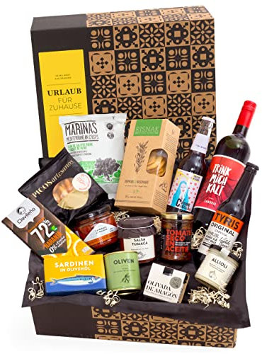Präsentbox Urlaub für Zuhause - Gefüllter Geschenkkorb mit Sangría, & mediterranen Leckereien von jamon.de - Gourmet-Geschenk für jeden Anlass