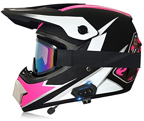 GJJGMGD Pinker Offroad-Helm, Bluetooth-Headset, Erwachsener, Motocross, ATV, Motorradhelm für Dirt Motor, Vollvisierhelm-Set mit Brille, Handschuhen, Maske, DOT-zugelassener Crosshelm