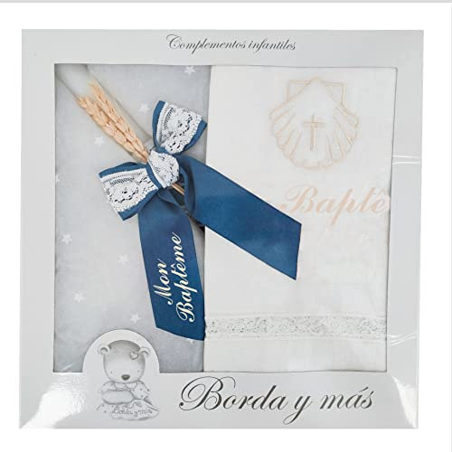 Kit de Bougie et Lange pour Baptême - Pack de Cierge décorée pour Baptême et Mouchoir du baptême brodés - Modèle Paris (Bleu vieux)