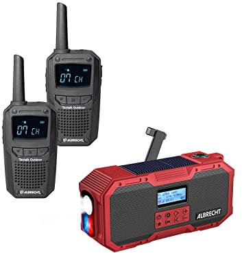 Albrecht Notfallset PMR-Advanced: Outdoor Funkgeräte + Kurbelradio inkl. Ladegeräte, Akkus, 29611, mit SOS-Notruf, Solarmodul, IP67 Wasserdicht